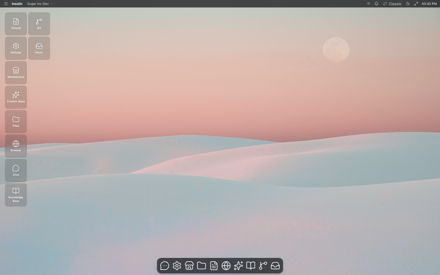 The Insulin AI Desktop — launch built-in apps (Chat, Marketplace, Knowledge Base, and more) from the app tiles on the left or the dock at the bottom; each opens as a workspace window
