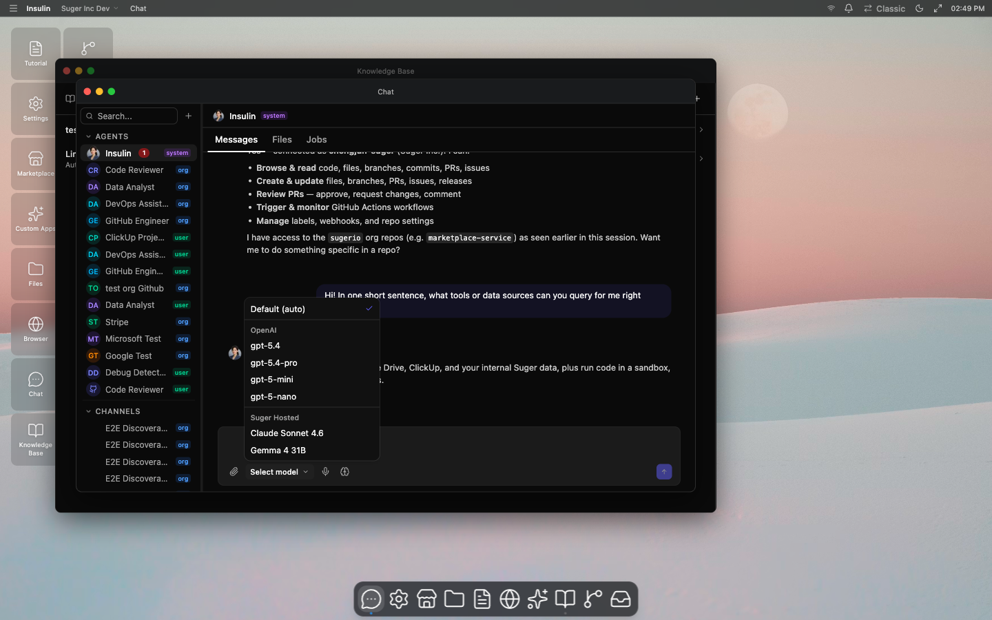 The model selector — pick Default (auto) or a specific model from your connected providers and Suger-hosted models