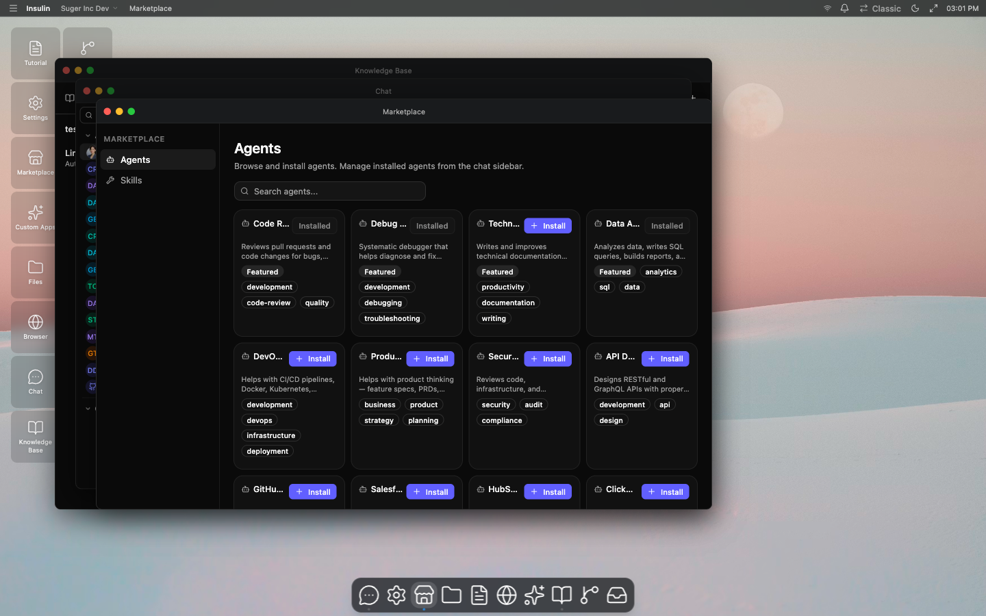 The Marketplace catalog — browse and install Agents (and Skills); each card shows its category tags and install state