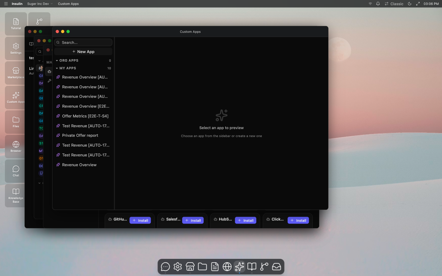 The Custom Apps workspace — your saved apps in the sidebar, "New App" to start the AI builder, and a live preview pane