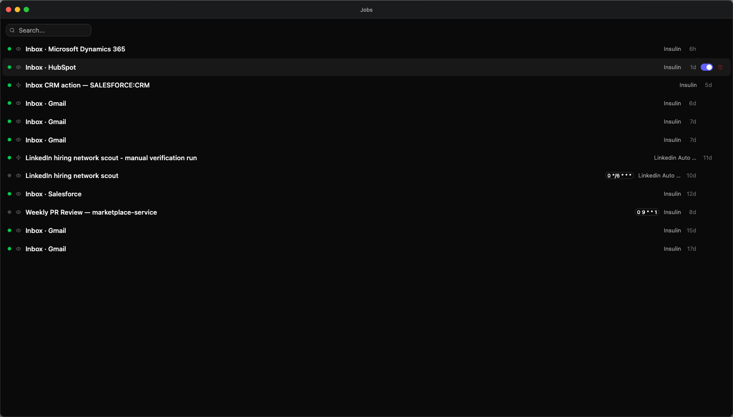 The Jobs app — one list mixing manual Jobs (Zap) and Watches (Eye), each with a status dot; Watches show their cron expression and an enable/disable toggle