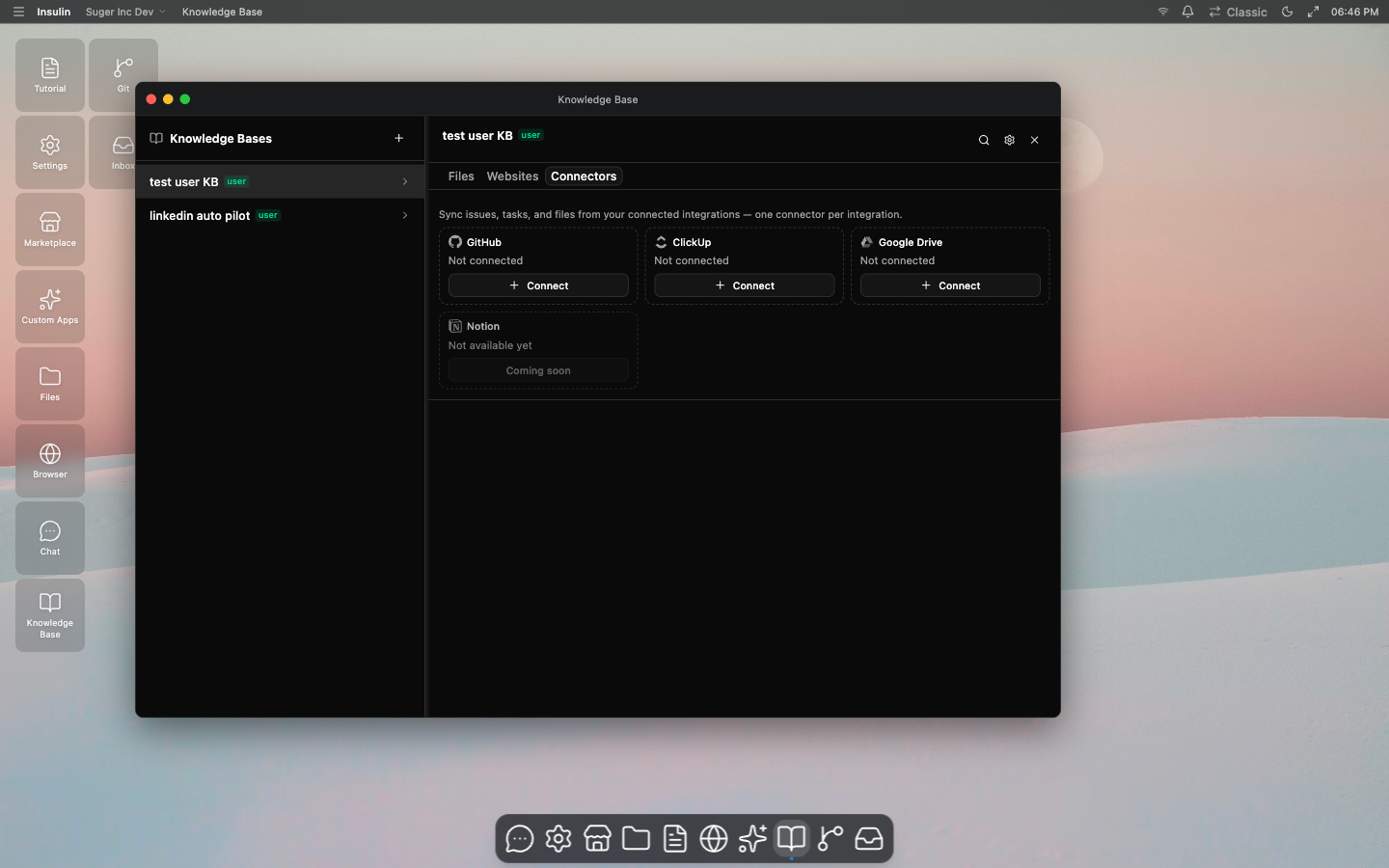 The Knowledge Base app — the knowledge base list on the left, and a detail view with the Files, Websites, and Connectors tabs (Connectors shown, with GitHub, ClickUp, and Google Drive cards)