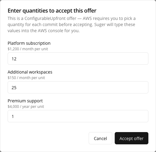 The "Enter quantities to accept this offer" dialog — the ConfigurableUpfront explanation above one numeric input per commit, each labelled with the commit name and its per-unit rate, and Cancel beside Accept offer in the footer