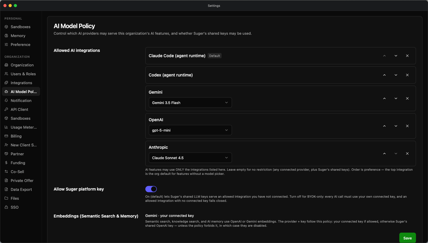 Settings → Organization → AI Model Policy: the ordered Allowed AI integrations list with a Default badge on the top row, the Allow Suger platform key switch, and the Embeddings status line