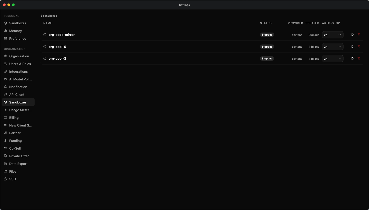 Settings → Organization → Sandboxes: the pool table with Name, Status, Provider, Created and Auto-stop columns, and the row actions on the right