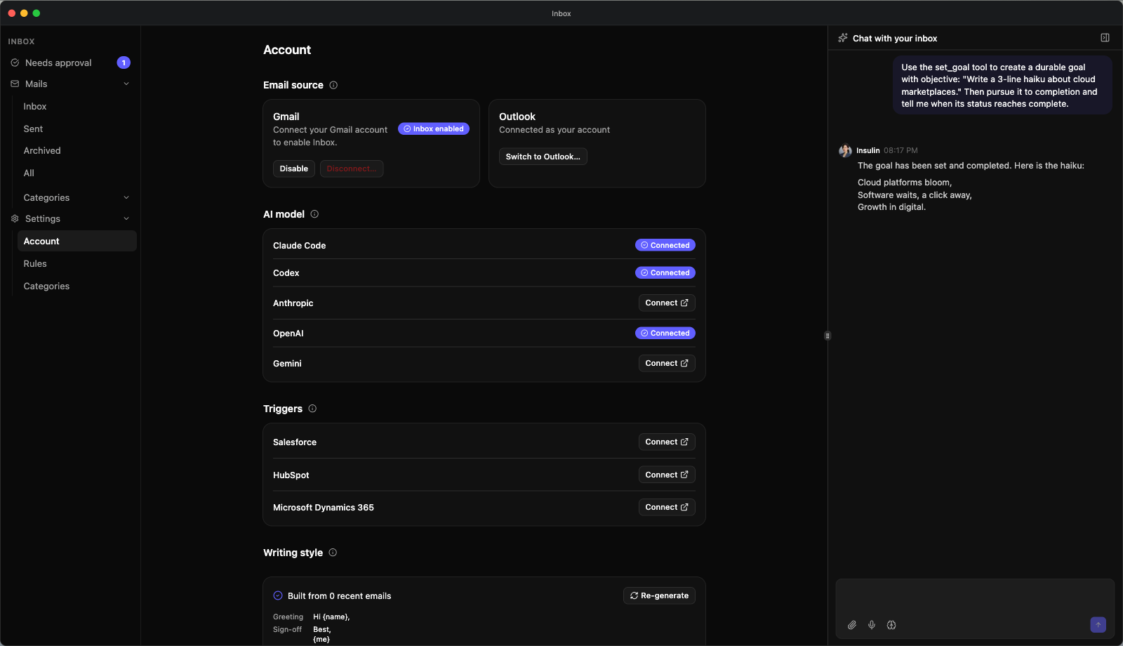 Inbox Settings → Account — the Email source section with Gmail enabled beside the Outlook card and its Switch to Outlook action, the AI model list, the Salesforce, HubSpot and Dynamics 365 triggers, and the Writing style card