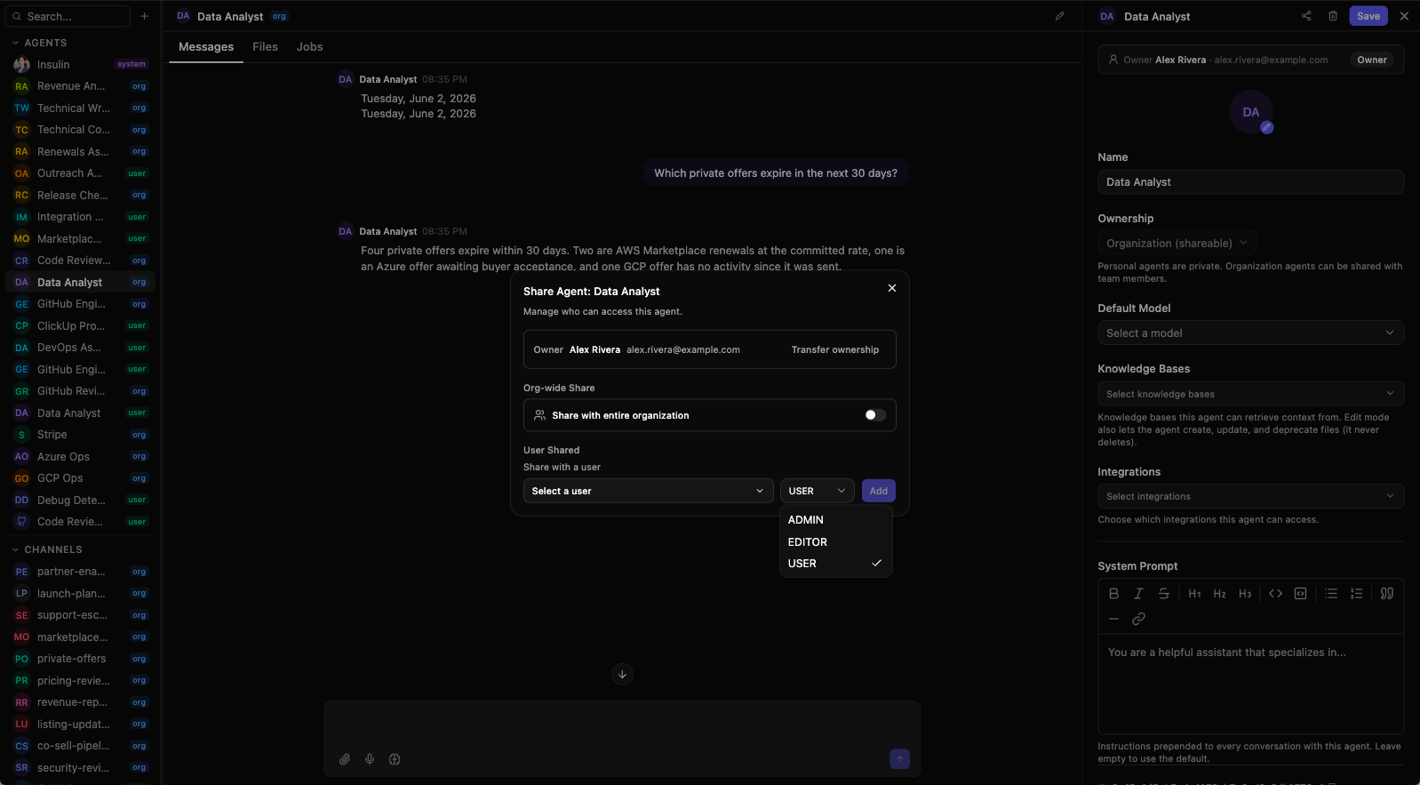 The Share Agent dialog on an organization agent — the Owner row with Transfer ownership beside it, the Org-wide Share toggle, and the "Share with a user" picker with its role selector open on ADMIN, EDITOR and USER