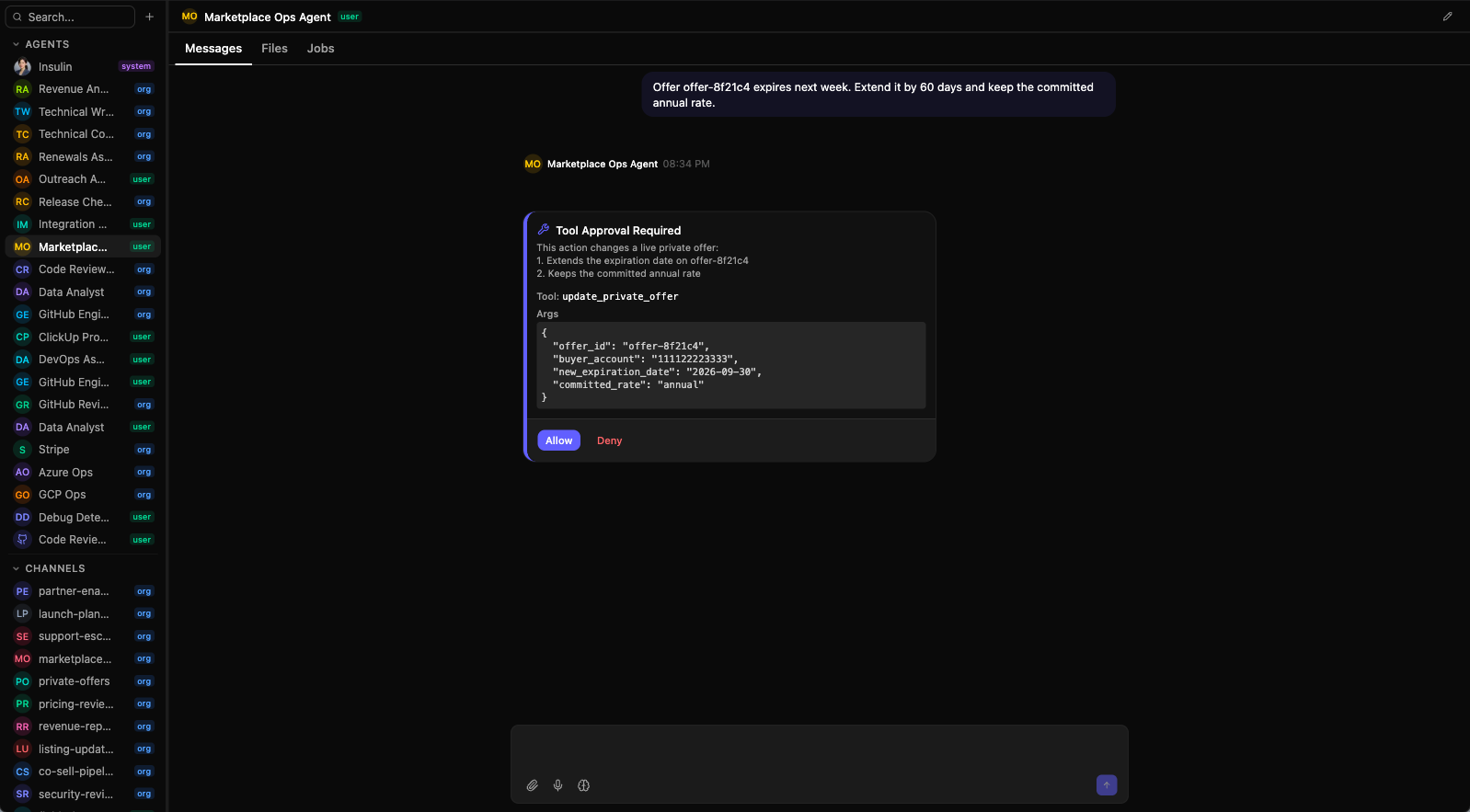 A Tool Approval Required card in a conversation — the wrench icon and heading, the numbered reason listing every action the approval covers, the Tool name, an Args block showing the JSON the tool was called with, and Allow / Deny in the footer