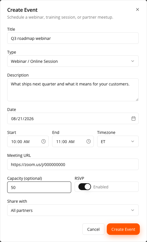 The Create Event dialog — Title, Type, Description, Date with Start, End and Timezone, Meeting URL, an optional Capacity beside the RSVP toggle, and the Share with selector
