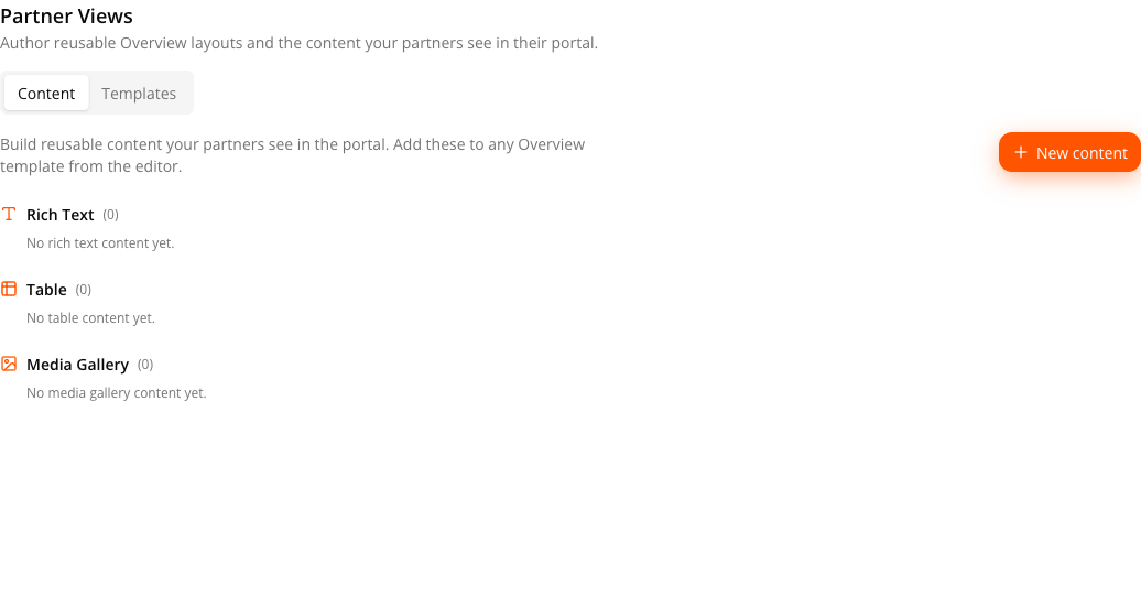 Settings → Partner → Partner Views — the Content and Templates sub-tabs, the New content button, and the three reusable content types: Rich Text, Table and Media Gallery