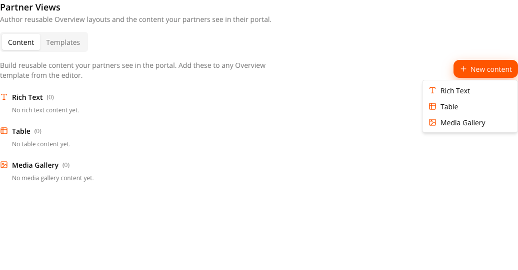 The New content menu open, offering Rich Text, Table and Media Gallery