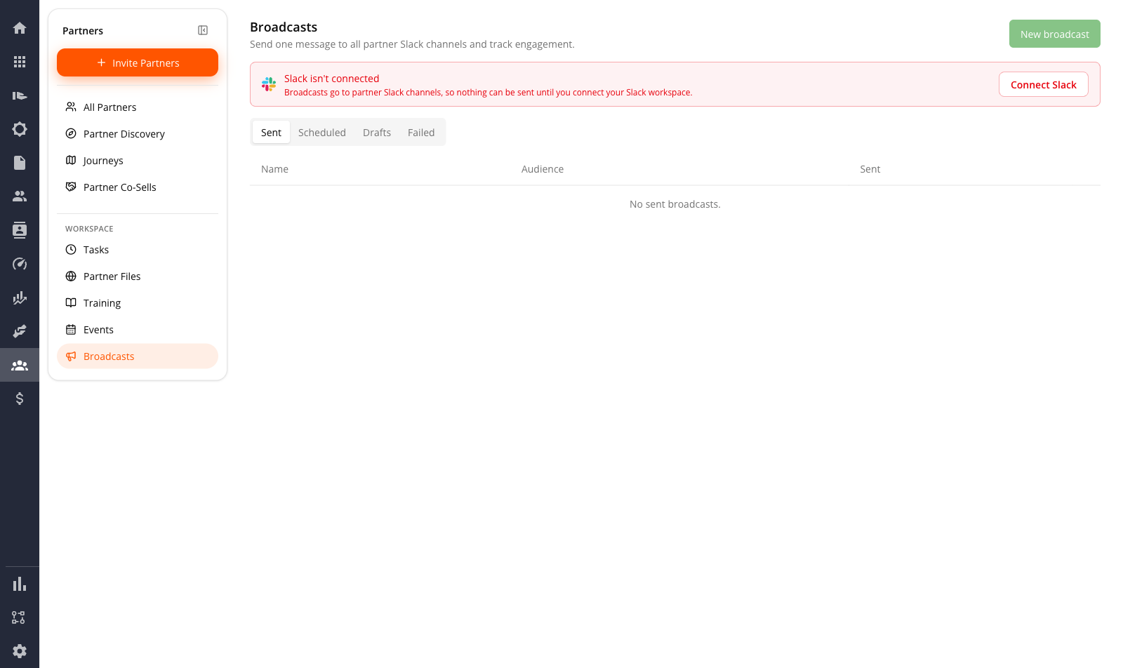 The Broadcasts page with the "Slack isn't connected" banner — the Slack mark, the explanation that broadcasts go to partner Slack channels, a Connect Slack action on the right, and the New broadcast button greyed out above it