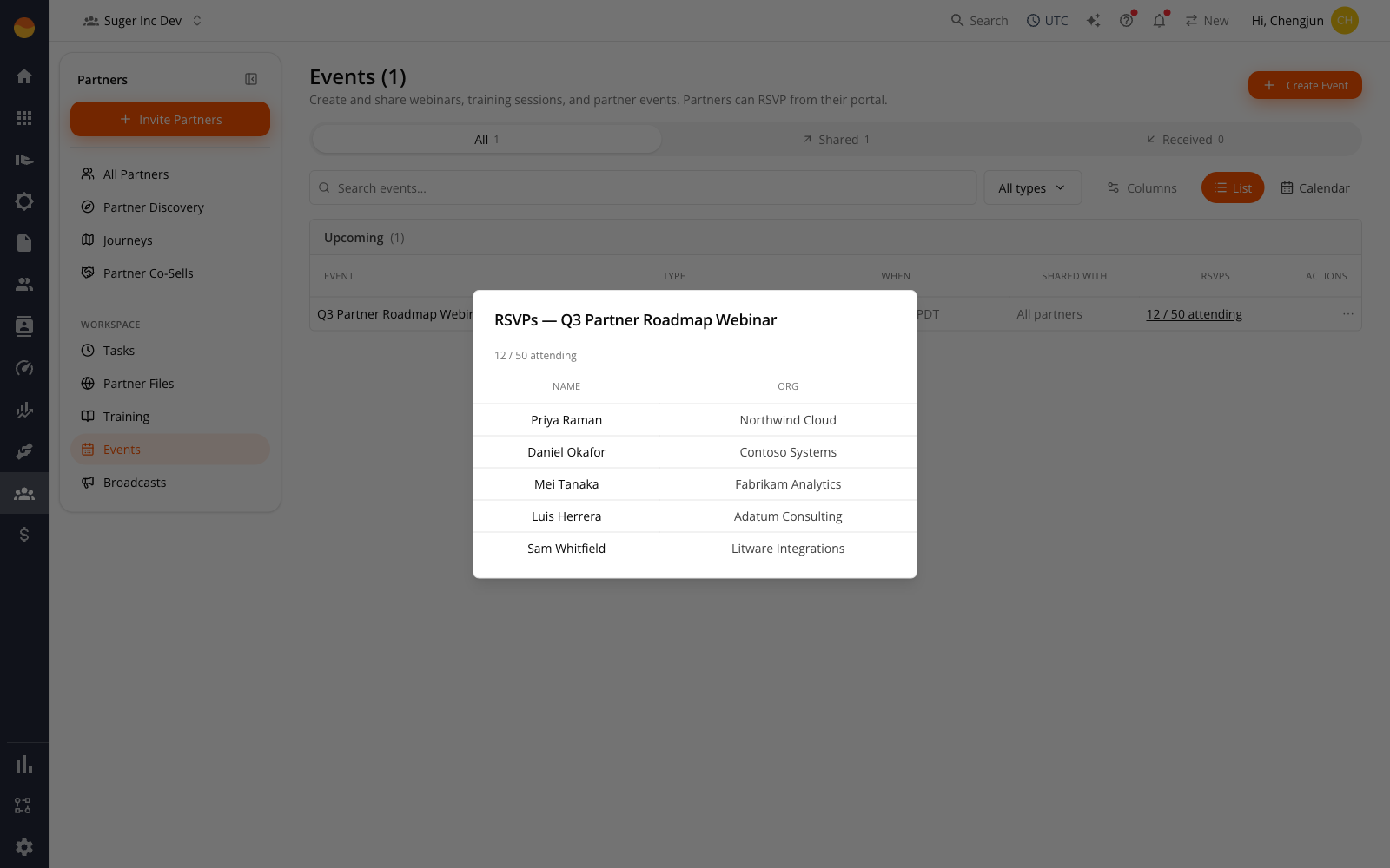 An owned event in the Events list with its RSVP count linked, and the roster dialog open over it — titled "RSVPs — Q3 Partner Roadmap Webinar", with the attending-out-of-capacity summary above a Name and Org table of the people attending