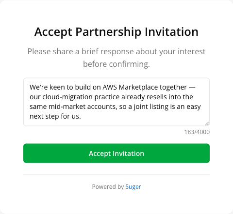 The public Accept Partnership Invitation page — the heading and prompt above a response box with its 4,000-character counter, and a single full-width Accept Invitation button