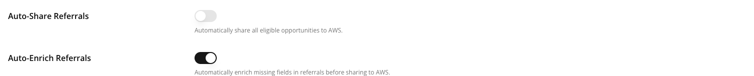 The co-sell configuration's Settings tab — the Auto-Share Referrals and Auto-Enrich Referrals toggles, each with its own description