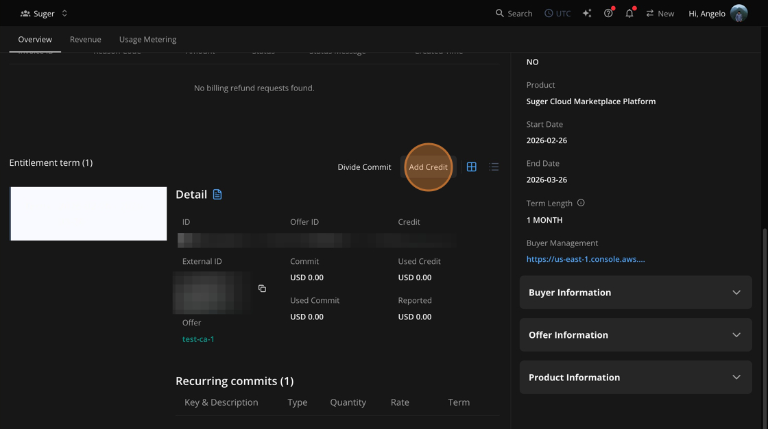 Add Credit to Entitlement panel