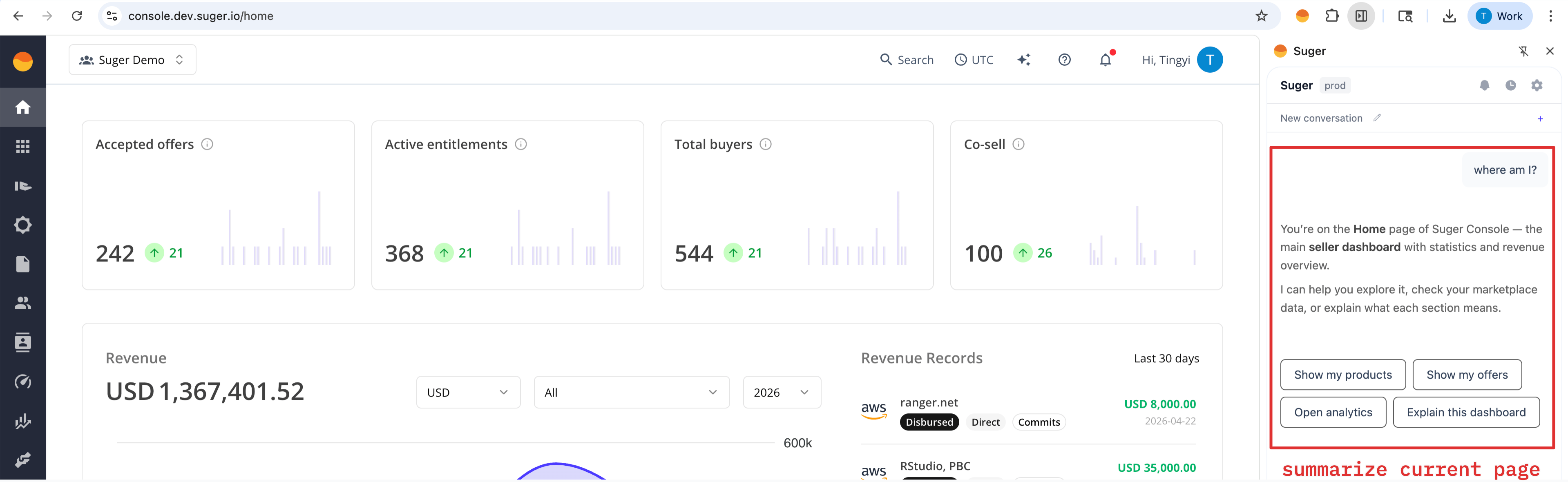 Asking Suger about the current page