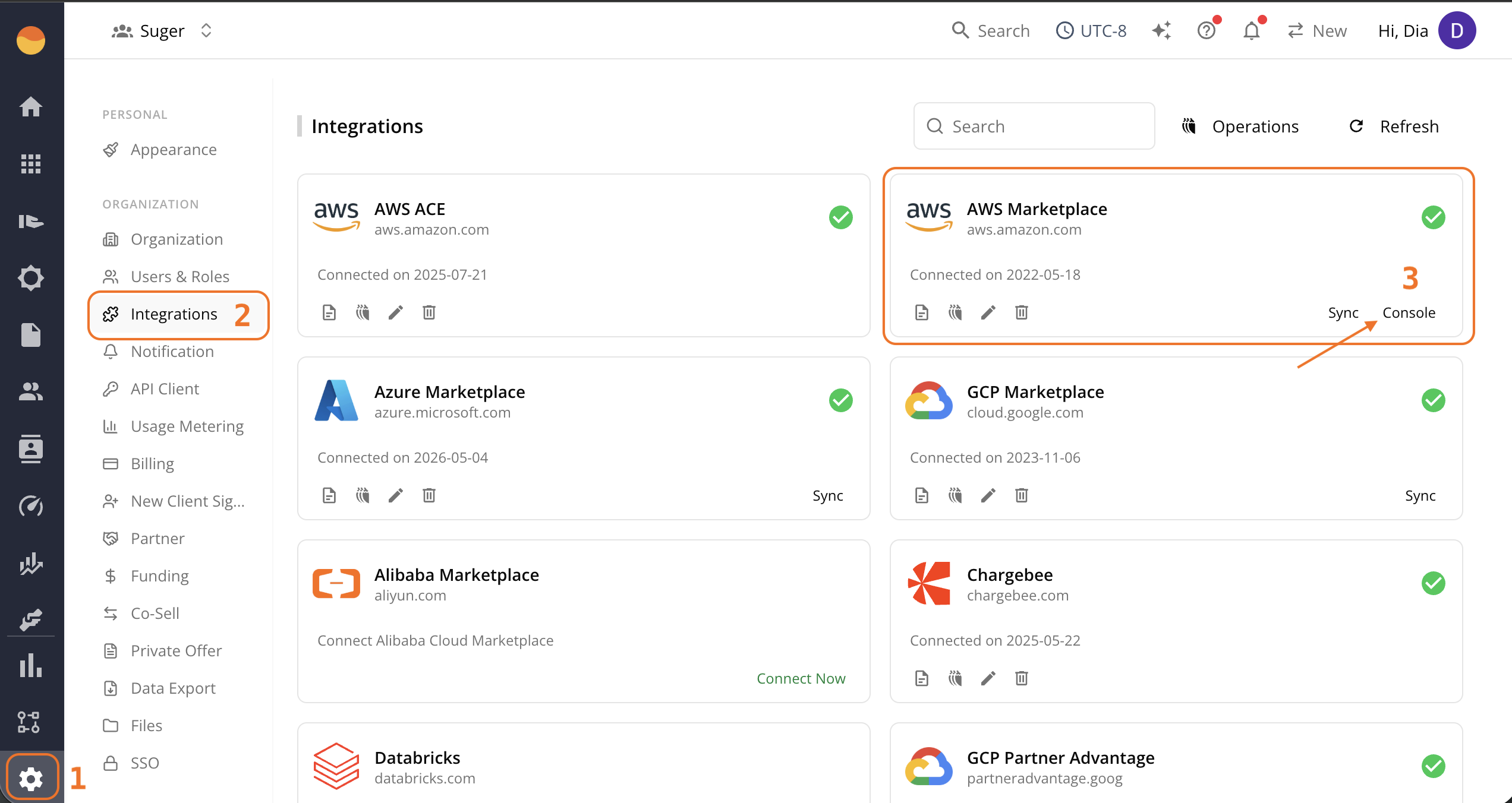 AWS Marketplace Console access in Suger Integrations