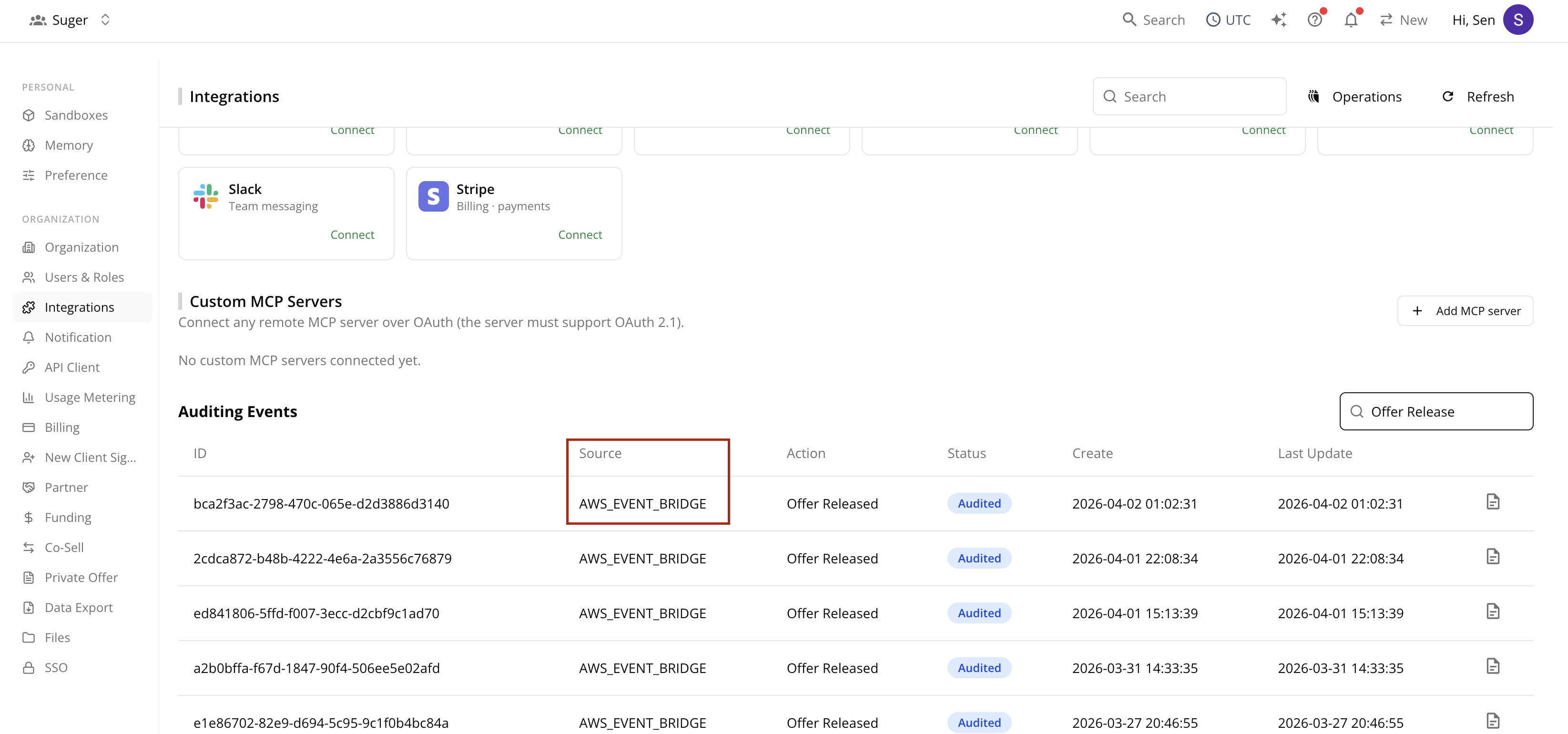Auditing Events table showing entries with Source AWS_EVENT_BRIDGE