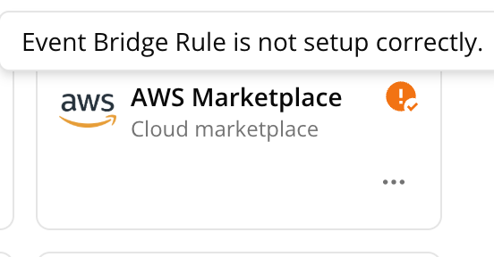 AWS Marketplace integration card showing the Event Bridge Rule warning