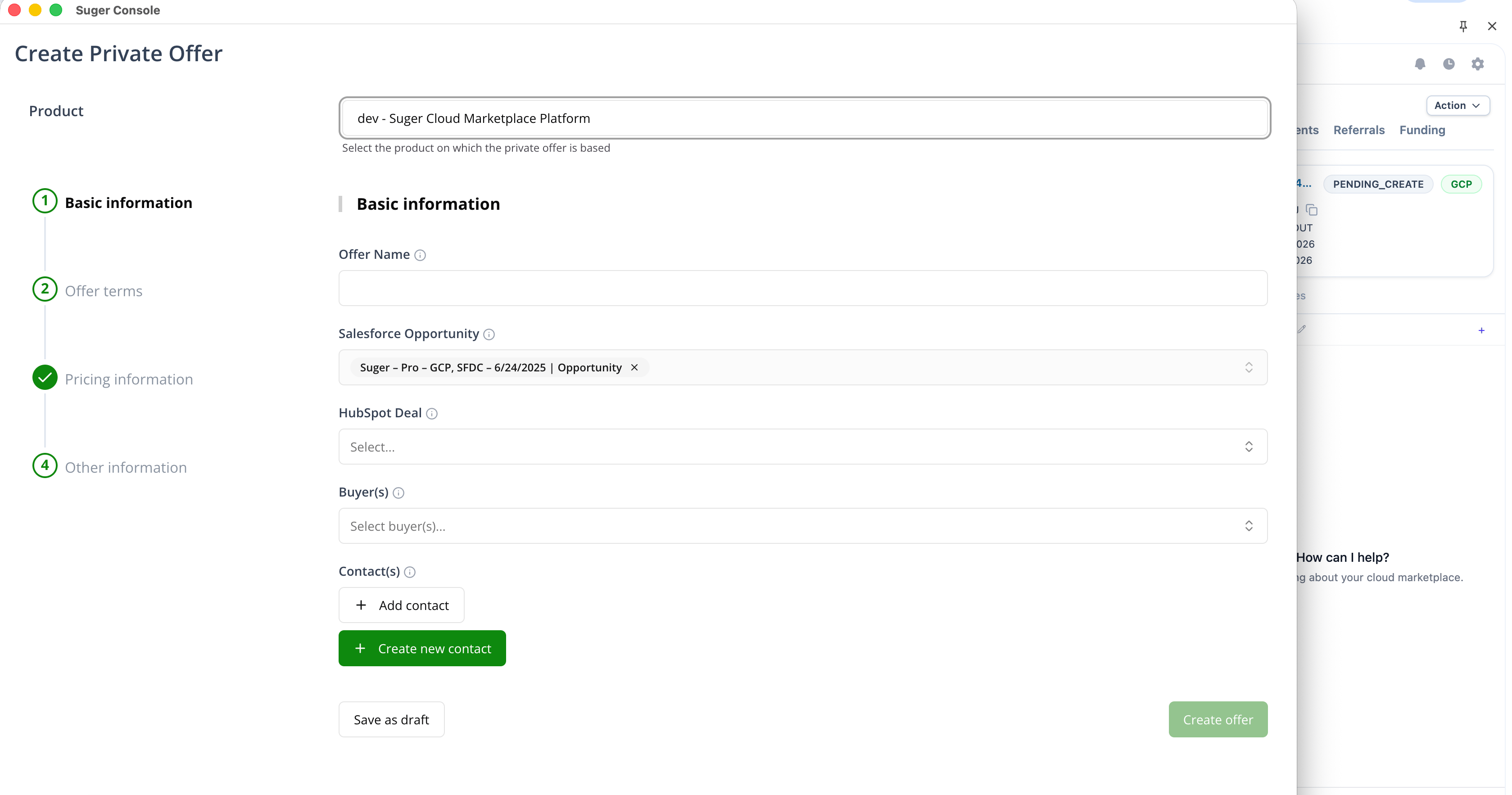 Create Private Offer popup with the Salesforce opportunity pre-filled