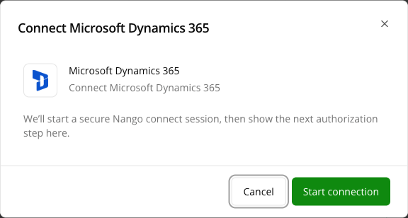 The Connect Microsoft Dynamics 365 dialog — Suger starts a secure Nango connect session, then shows the authorization step