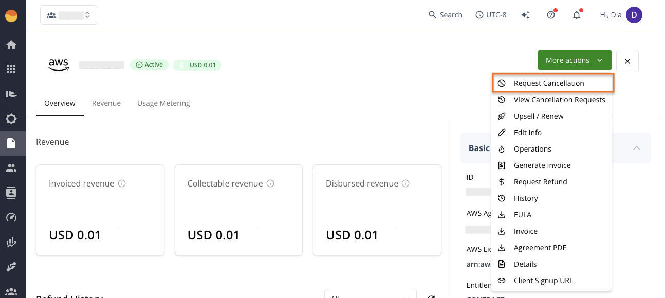 Requesting AWS entitlement cancellation in the Suger Console
