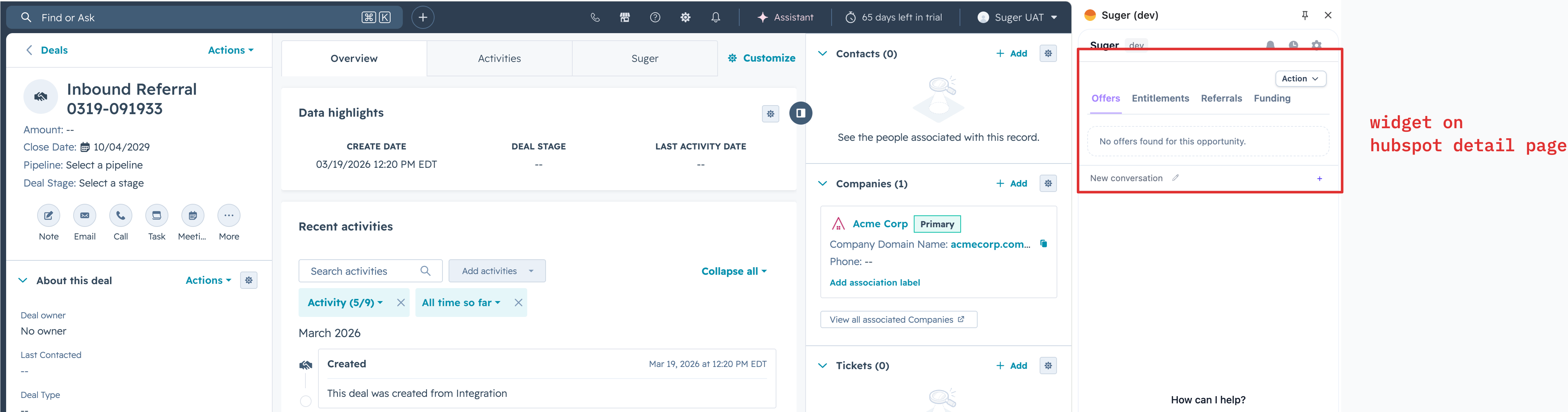 Suger widget on a HubSpot deal