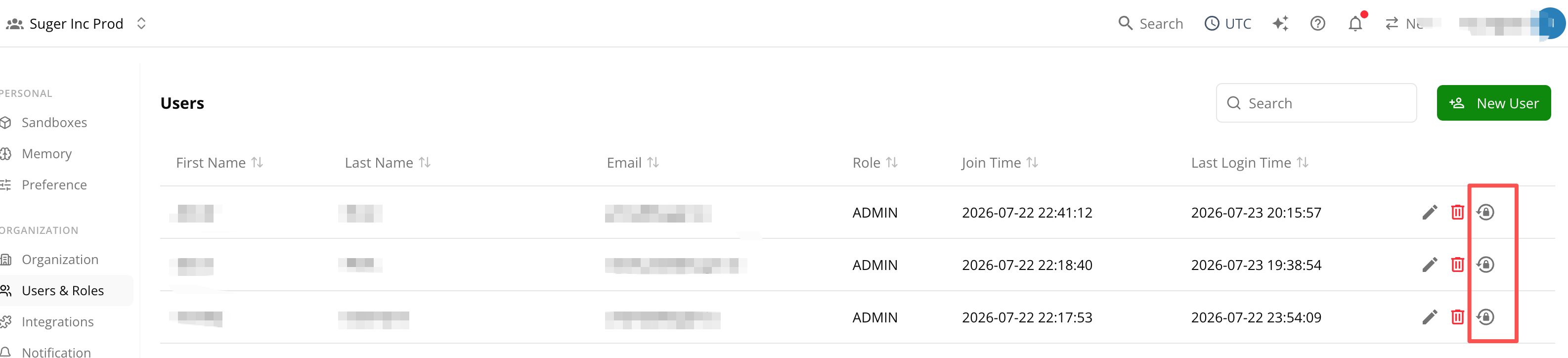Reset MFA icon in a user row on the Users & Roles page in the Suger Console