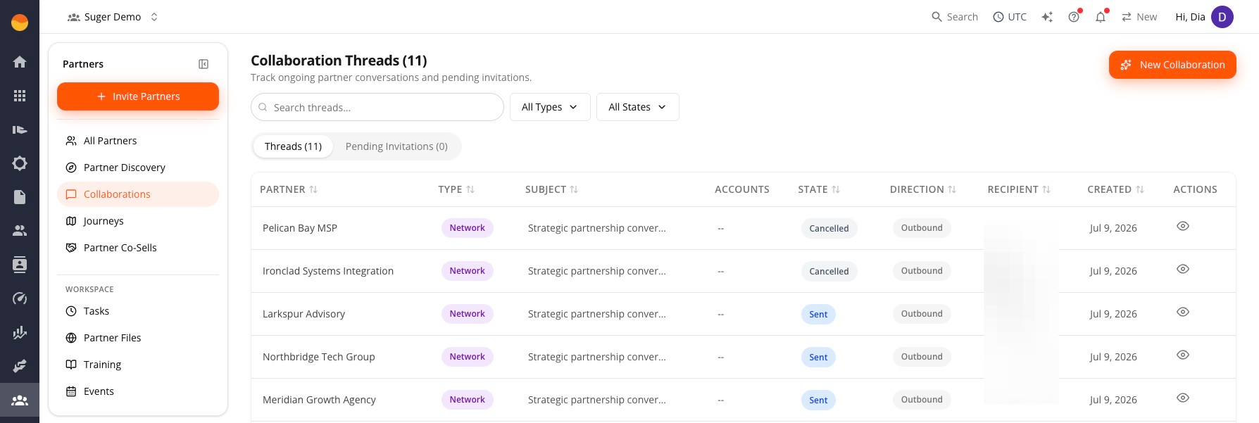 Collaborations page showing the Threads and Pending Invitations tabs with type and state filters