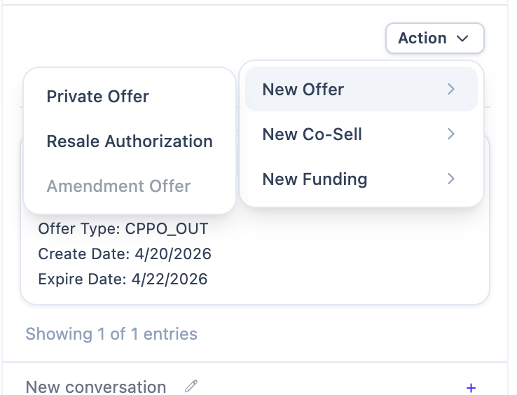 Action menu with New Offer, New Co-Sell, and New Funding