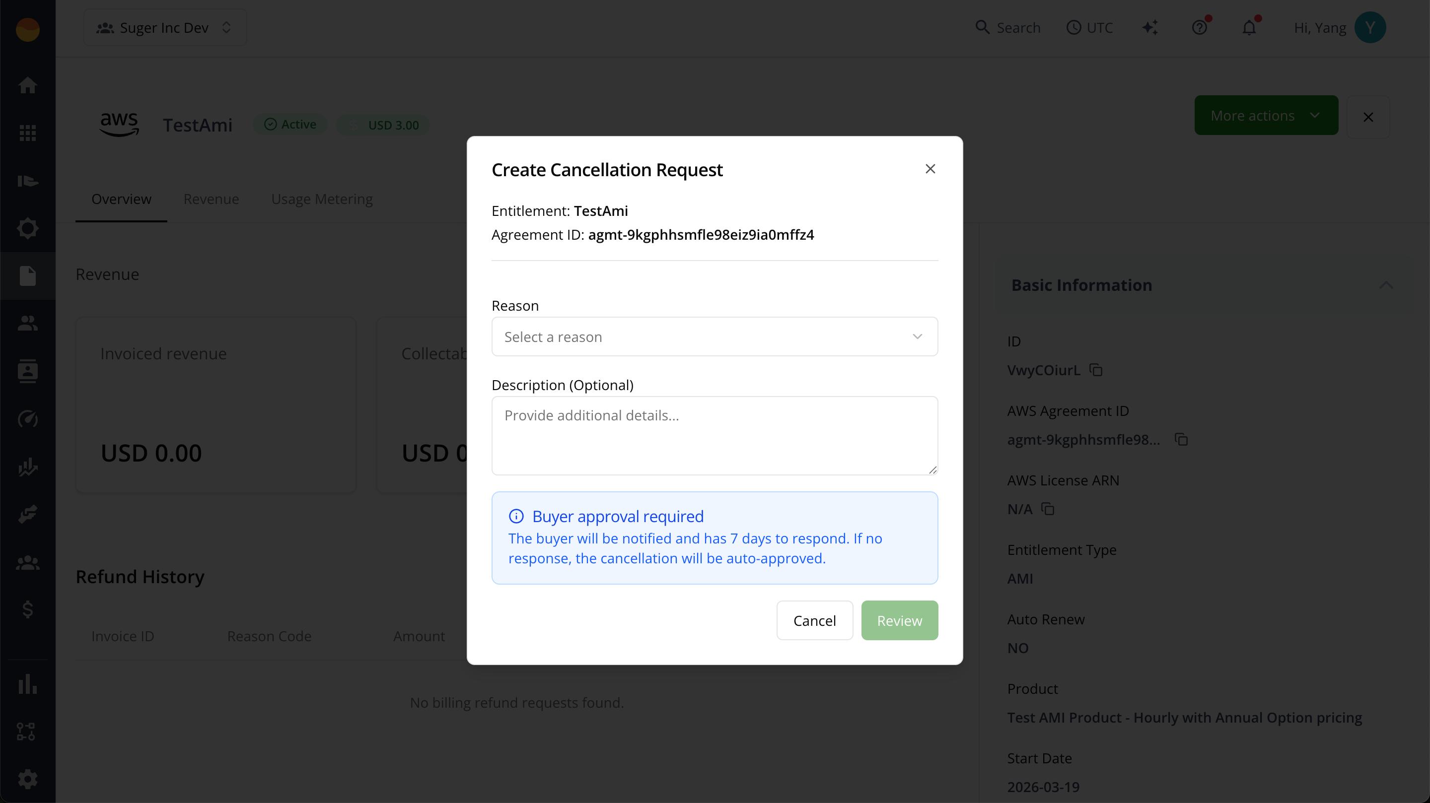 Cancellation request in Suger portal