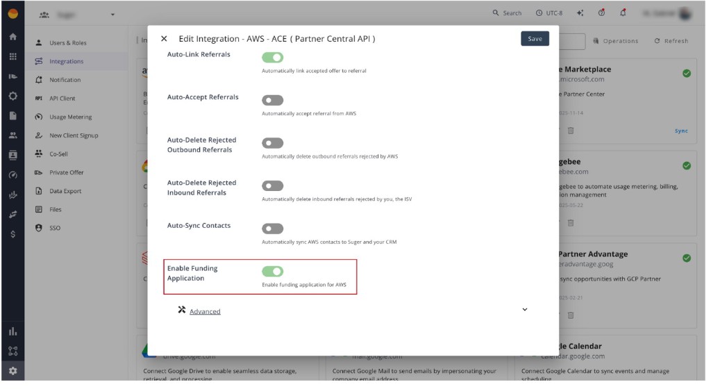 Edit Integration modal for AWS ACE showing the Enable Funding Application toggle