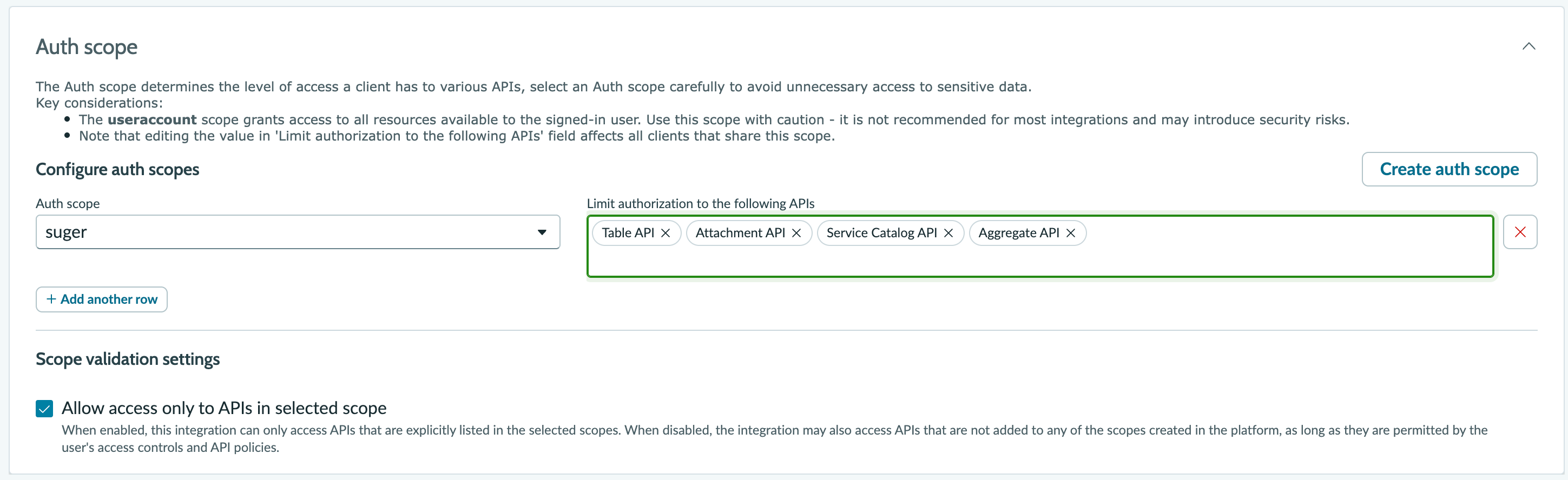The Auth scope section configured as recommended: a scope named suger limited to the Table, Attachment, Service Catalog and Aggregate APIs, with Allow access only to APIs in selected scope checked