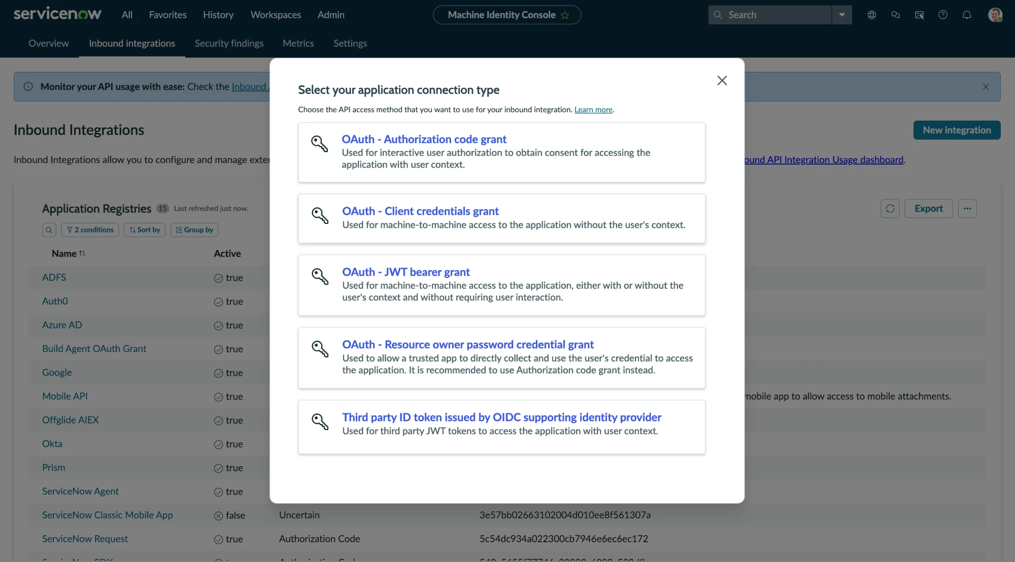 The 'Select your application connection type' dialog listing authorization code, client credentials, JWT bearer, resource owner password, and third-party OIDC options