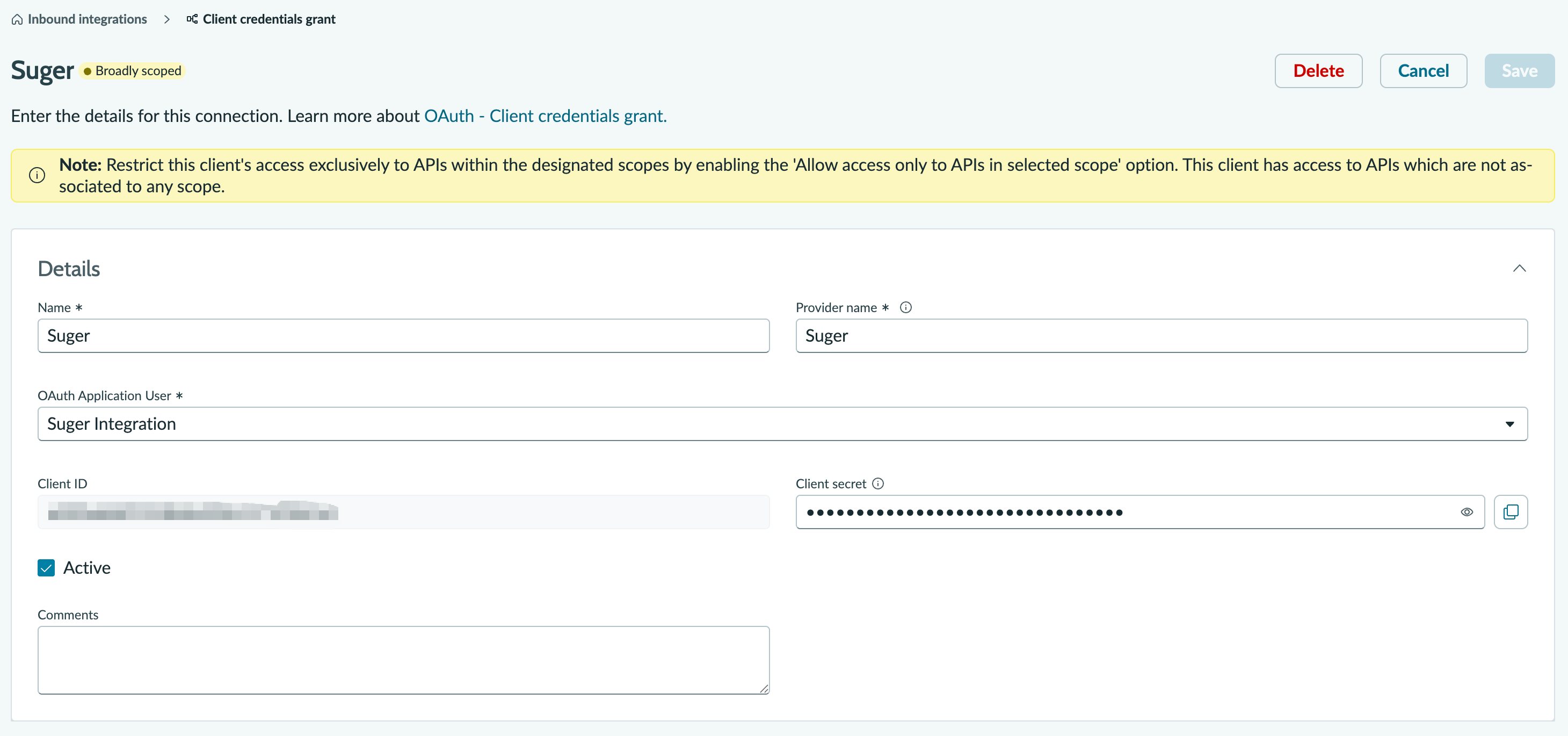 The Details section of the inbound integration form showing Name, Provider name, OAuth application user, the generated Client ID, and the masked Client Secret
